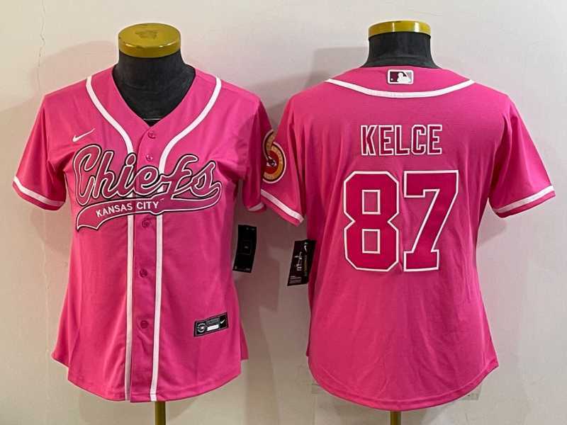 Womens Kansas City Chiefs #87 Travis Kelce Pink With Patch Cool Base Stitched Baseball Jersey